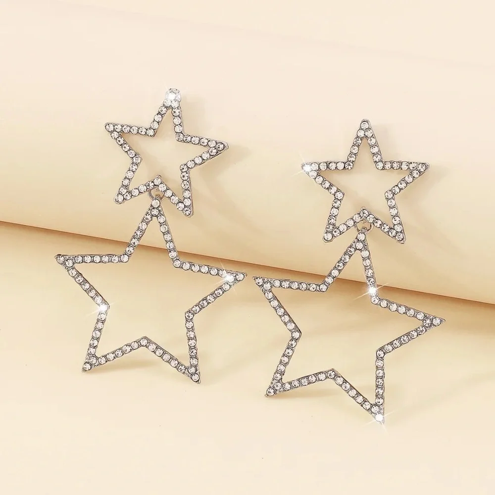 NWT Silver Rhinestone Double Star Statement Drop Earrings